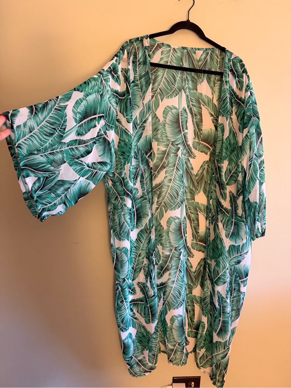 Tropical Leaf Kimono Cover-Up in Green & White